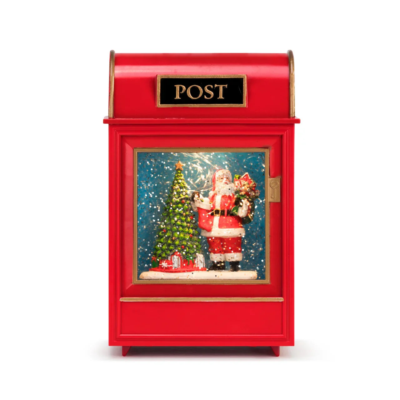 Red Christmas post box with Santa Claus and decorated Christmas tree inside snow globe window