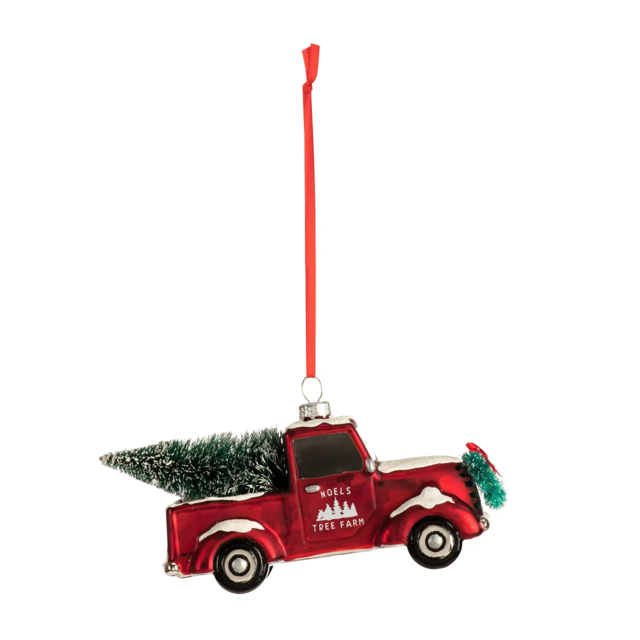 Red vintage truck Christmas ornament carrying a frosted green tree with Noels Tree Farm lettering