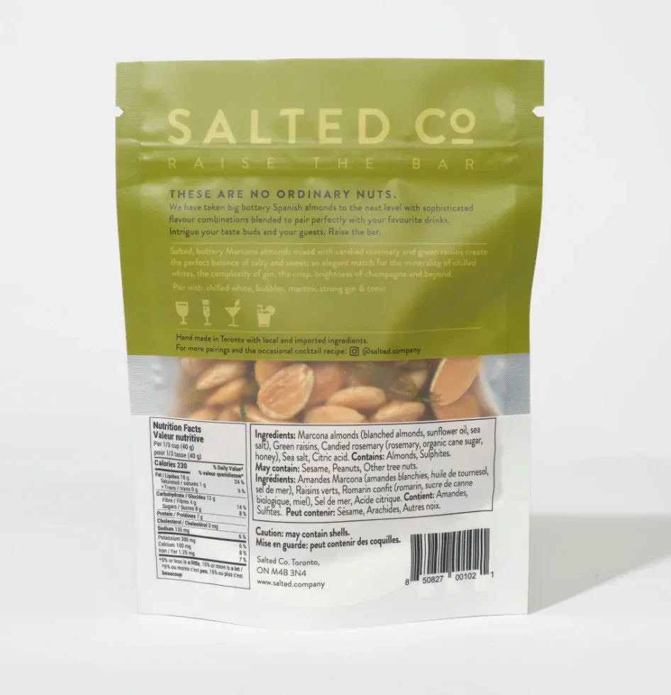 marcona almonds candies rosemary green raisins back label