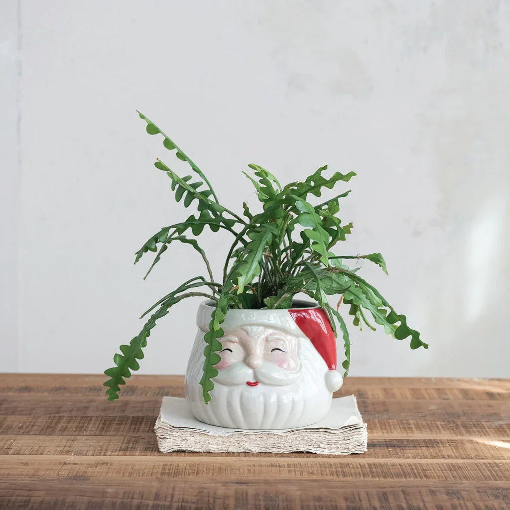 Stoneware Santa Head Shaped Planter, Red & White - Marcel’s Culinary Experience