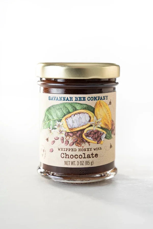 Jar of Savannah Bee Company whipped honey with chocolate, 3 oz, with cocoa pod illustration