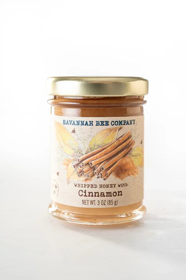 Savannah Bee Company whipped honey with cinnamon in 3 oz glass jar with gold lid