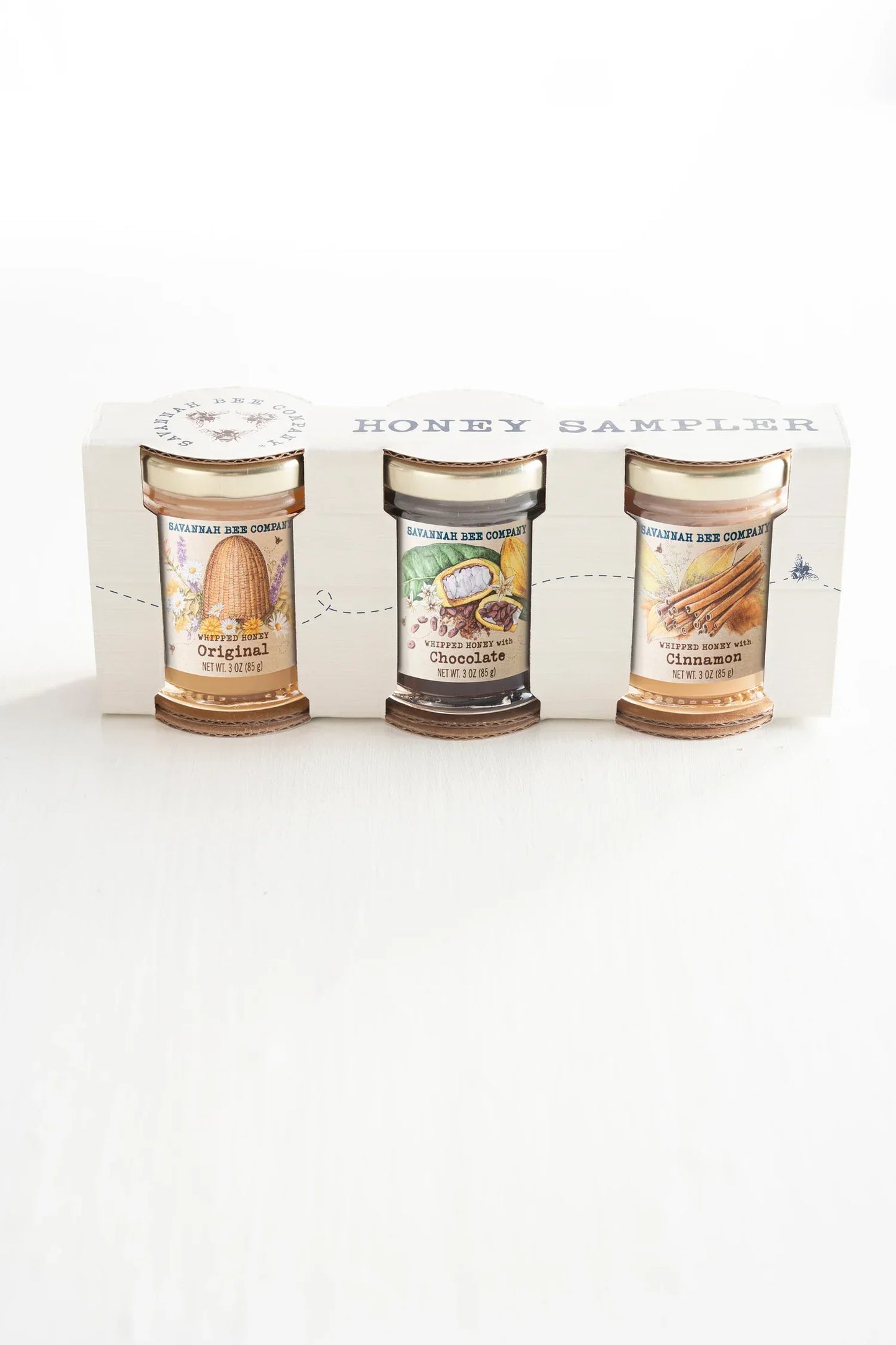 Savannah Bee Company honey sampler set with three 3oz jars: Original, Chocolate, and Cinnamon whipped honey
