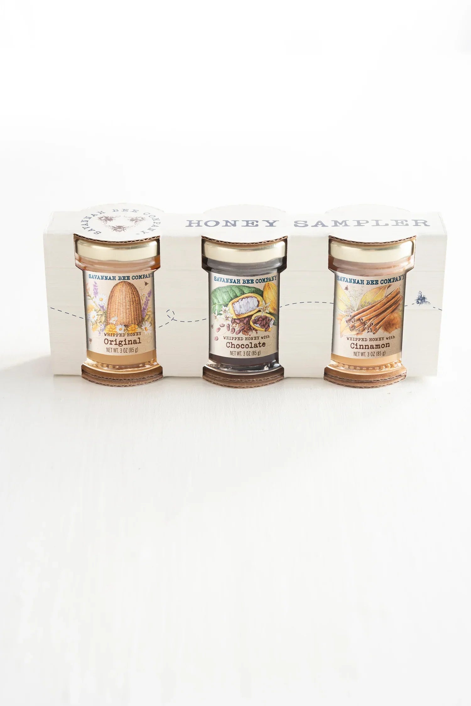 Savannah Bee Company honey sampler set with three 3oz jars: Original, Chocolate, and Cinnamon whipped honey