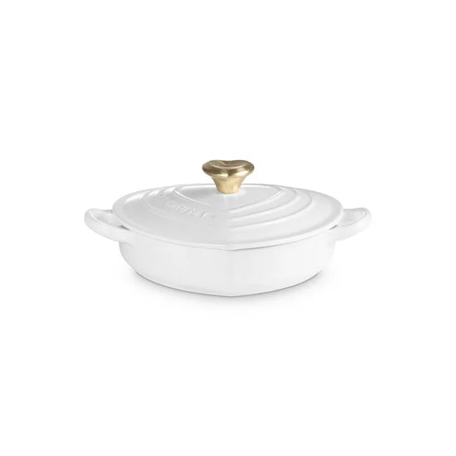 Le Creuset Shallow Heart Cocotte with Light Gold Heart Knob - White