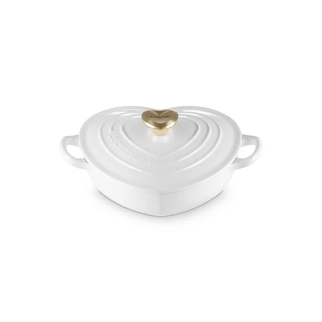 Le Creuset Shallow Heart Cocotte with Light Gold Heart Knob - White