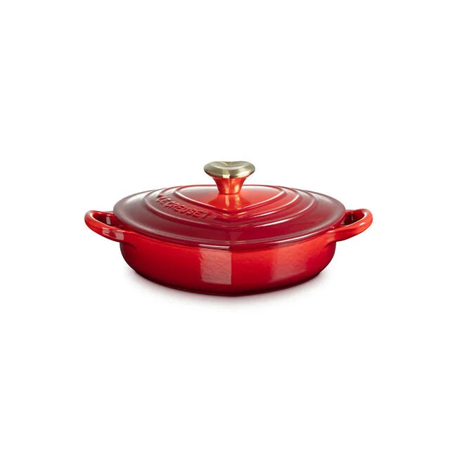 Le Creuset Shallow Heart Cocotte with Light Gold Heart Knob - Cerise
