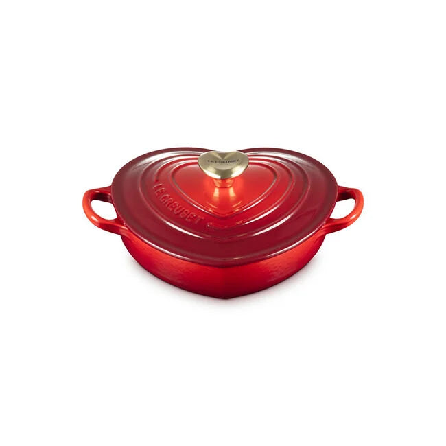 Le Creuset Shallow Heart Cocotte with Light Gold Heart Knob - Cerise