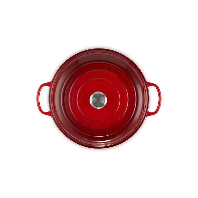 Le Creuset braiser 5 qt Cerise - detail of domed lid and ergonomic handles