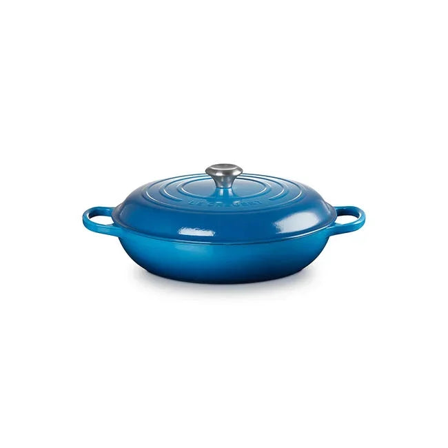 Le Creuset Signature Braiser 5 quart in Marseille blue - front view with lid