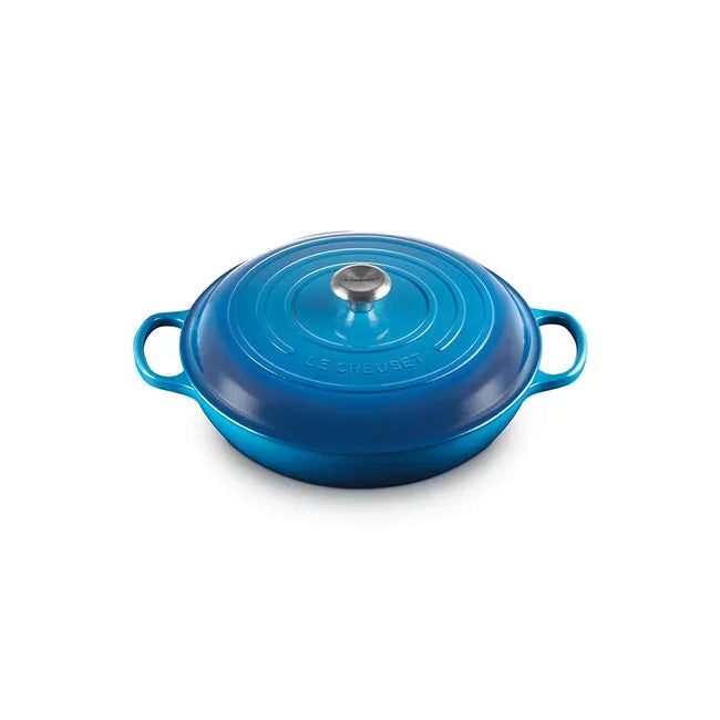Le Creuset Signature Braiser 5 quart in Marseille blue - side angle view
