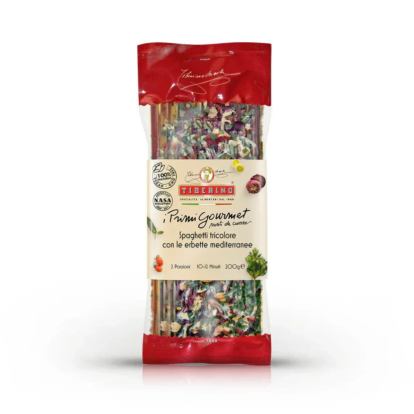 Tiberino tricolor gourmet spaghetti with Mediterranean herbs in clear red packaging, 200g