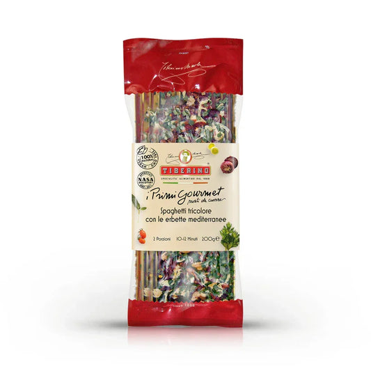 Tiberino tricolor gourmet spaghetti with Mediterranean herbs in clear red packaging, 200g