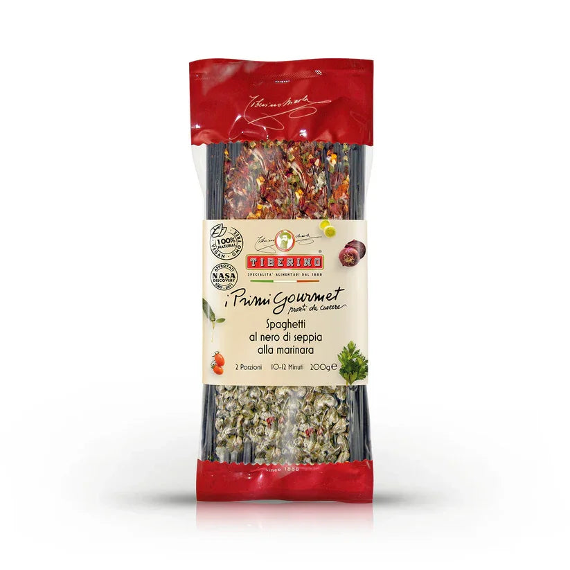 Tiberino Primi Gourmet spaghetti al nero di seppia alla marinara pasta package with red and white label