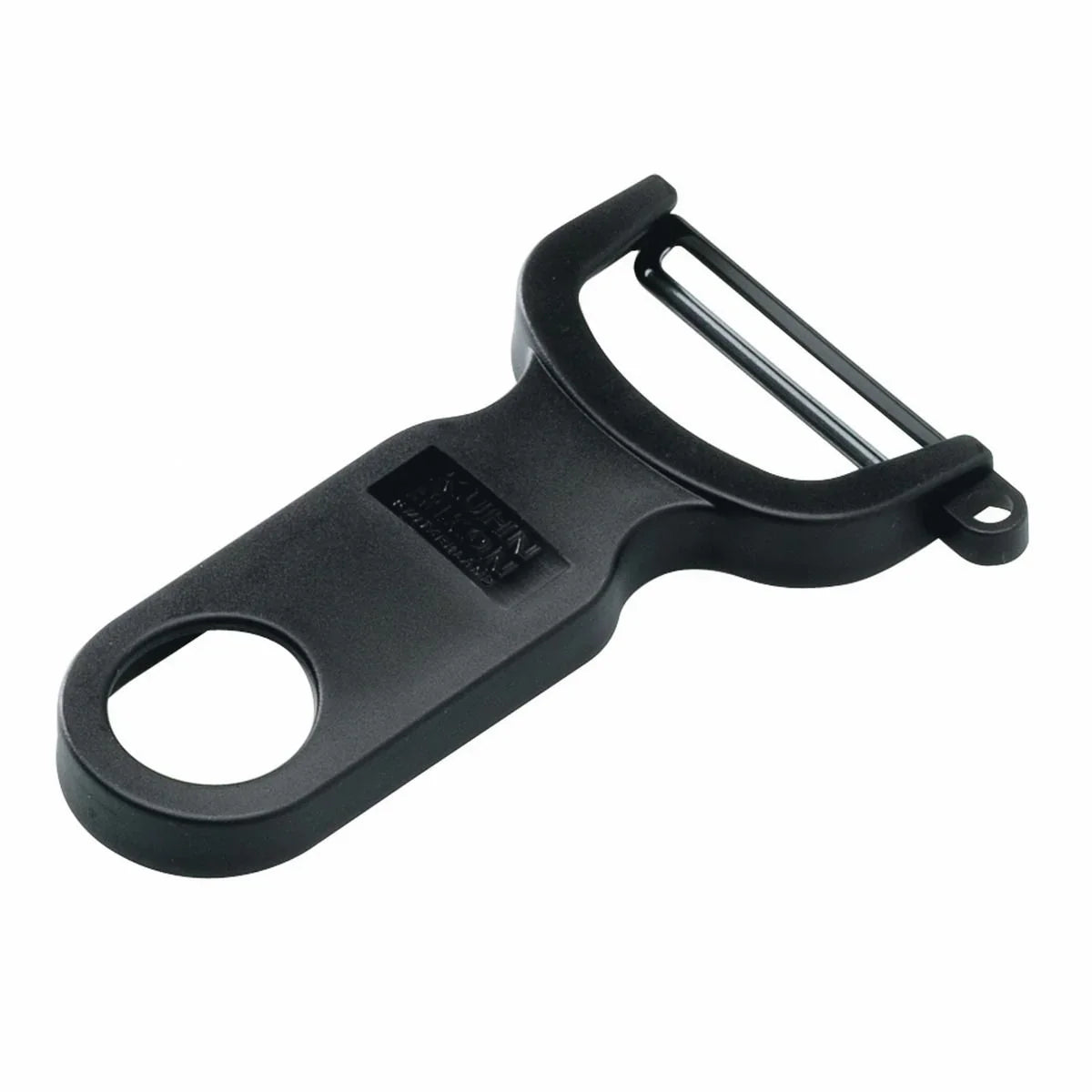 Black Swiss peeler with ergonomic handle and sharp stainless steel blade on white background