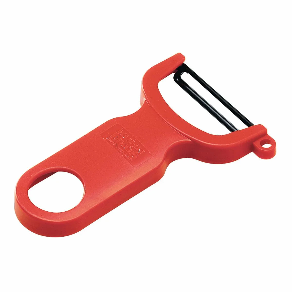 Red Swiss vegetable peeler with black blade and ergonomic handle on white background