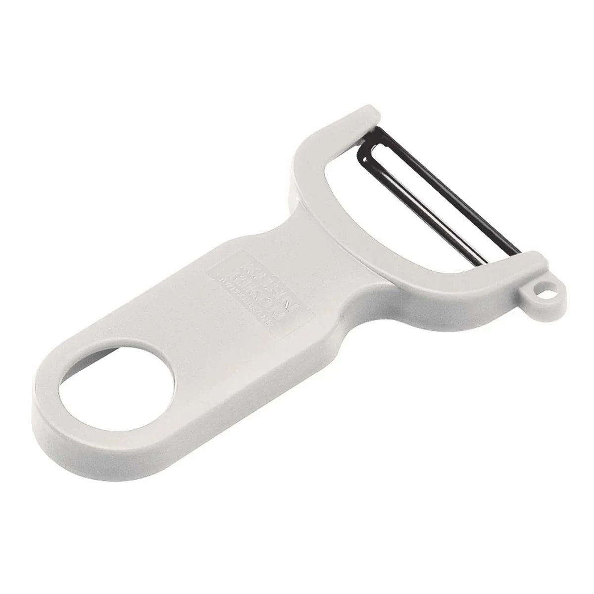 White Swiss-style kitchen vegetable peeler with ergonomic handle and sharp stainless steel blade