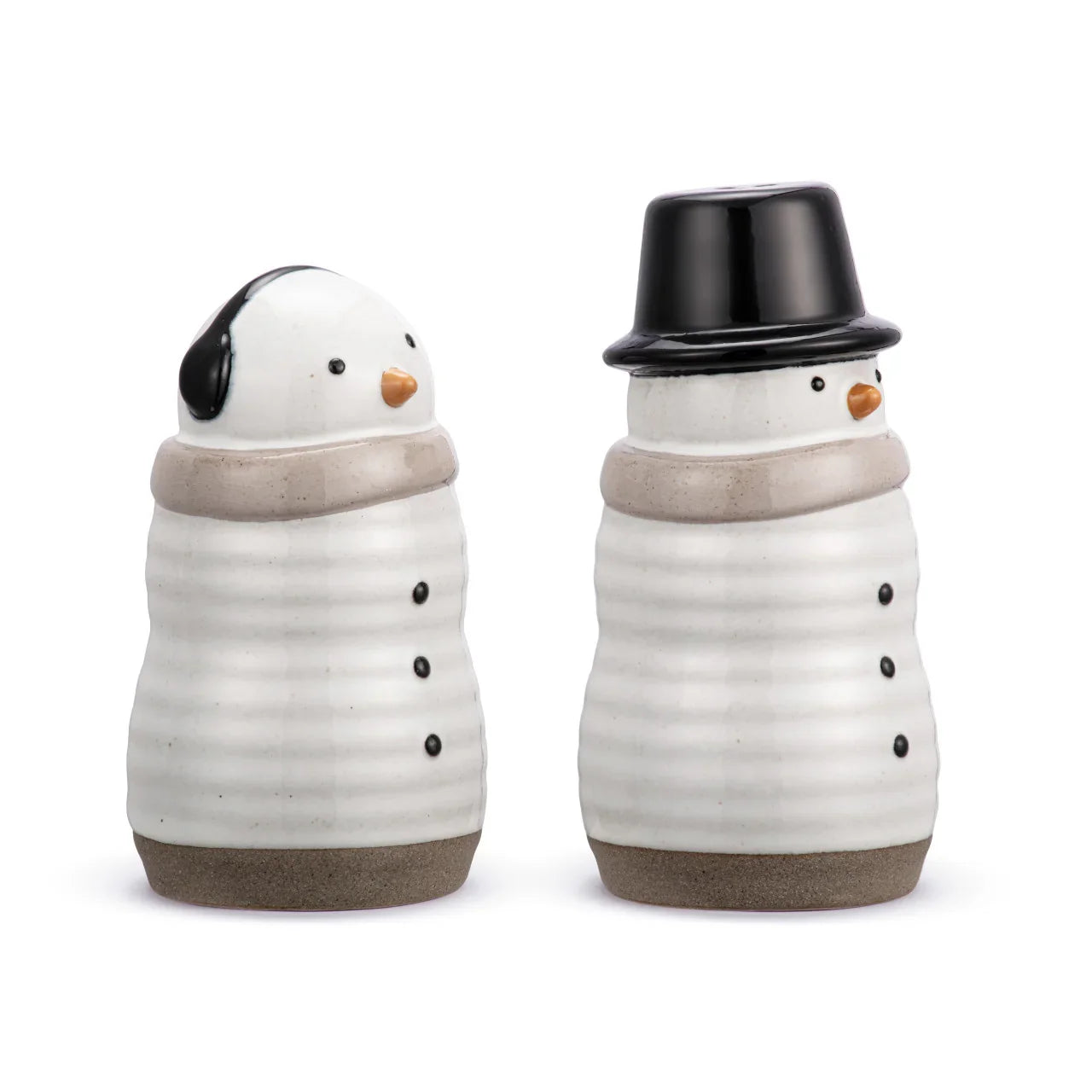 Ceramic snowman salt and pepper shakers with black hat and earmuffs, winter kitchen decor