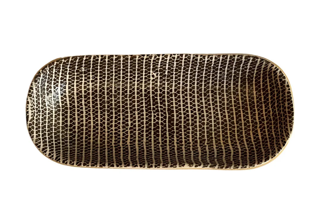 ceramic canapé tray with brown pattern glaze