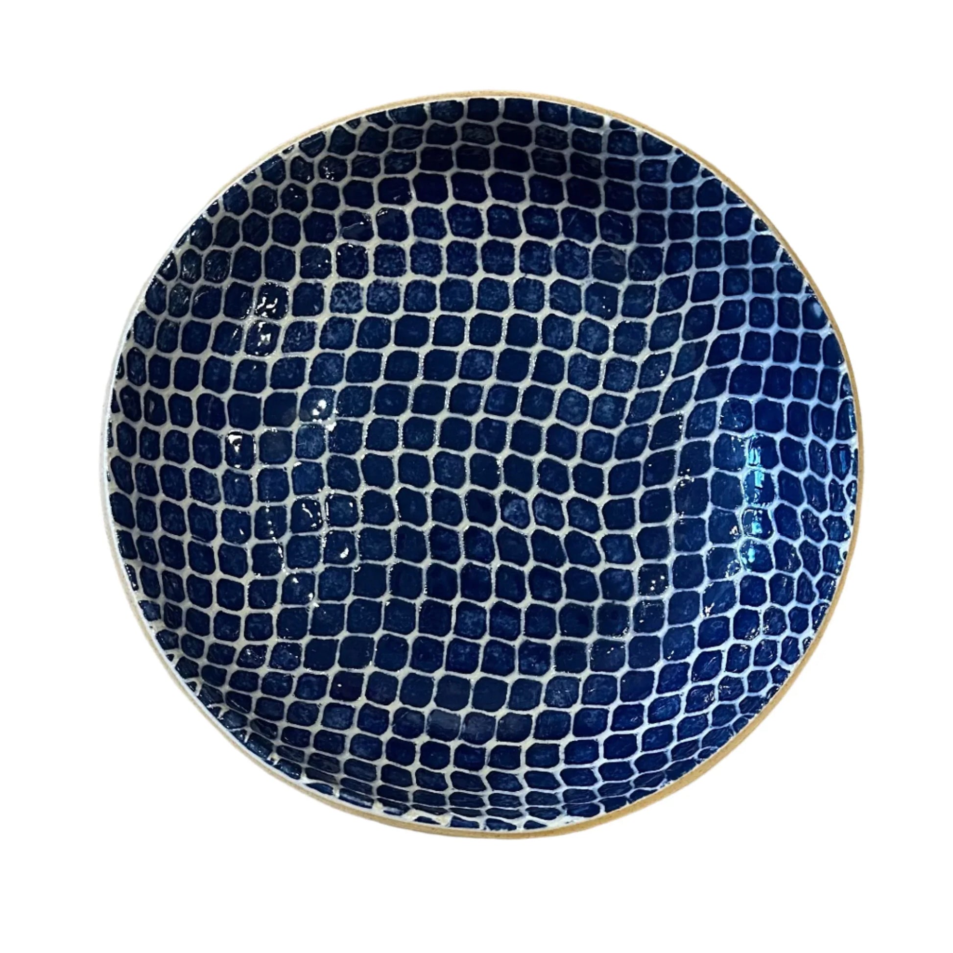 8" ceramic bowl with fish scale pattern and cobalt blue glaze