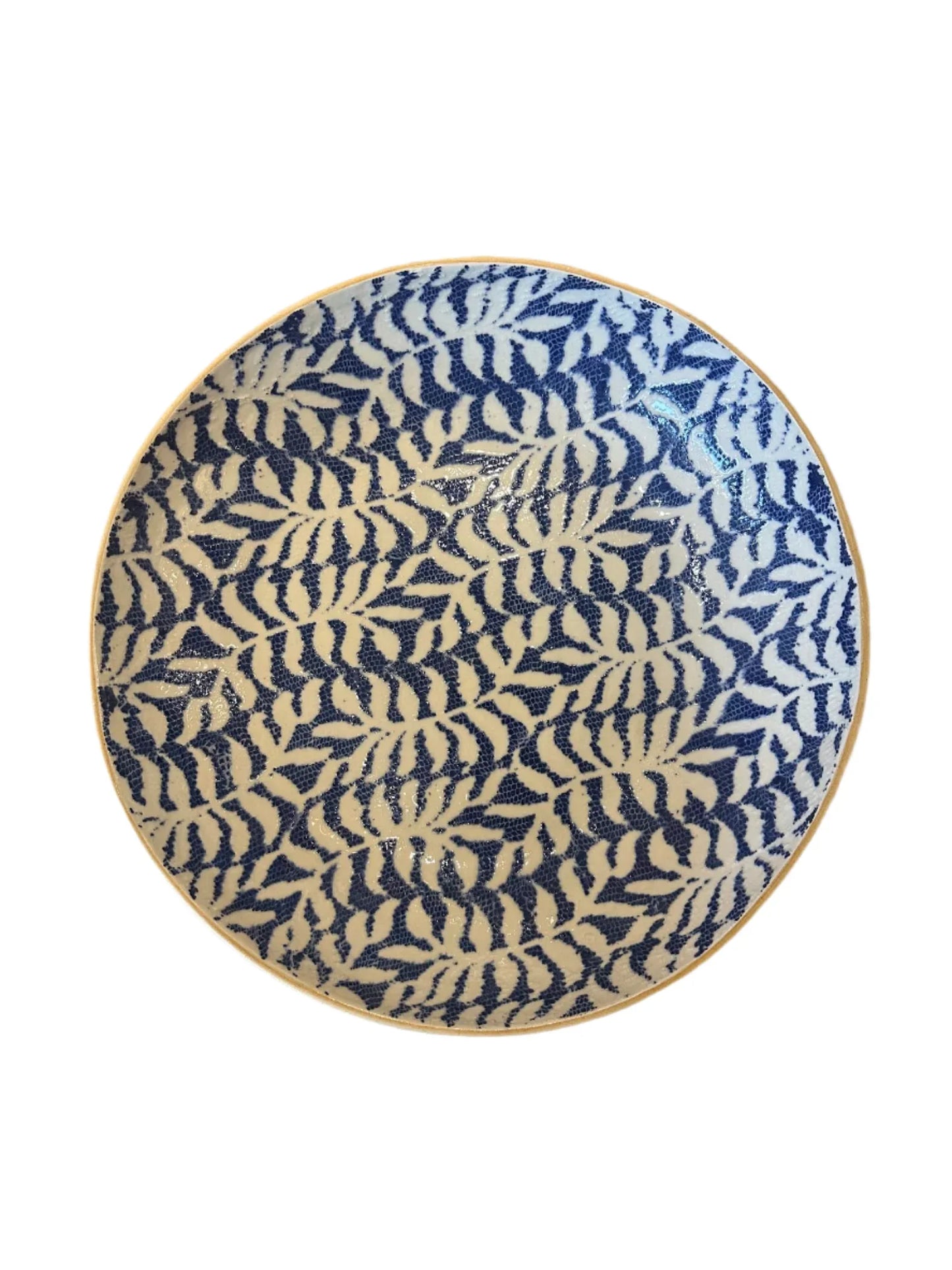 shallow serving bowl fern pattern cobalt blue glaze