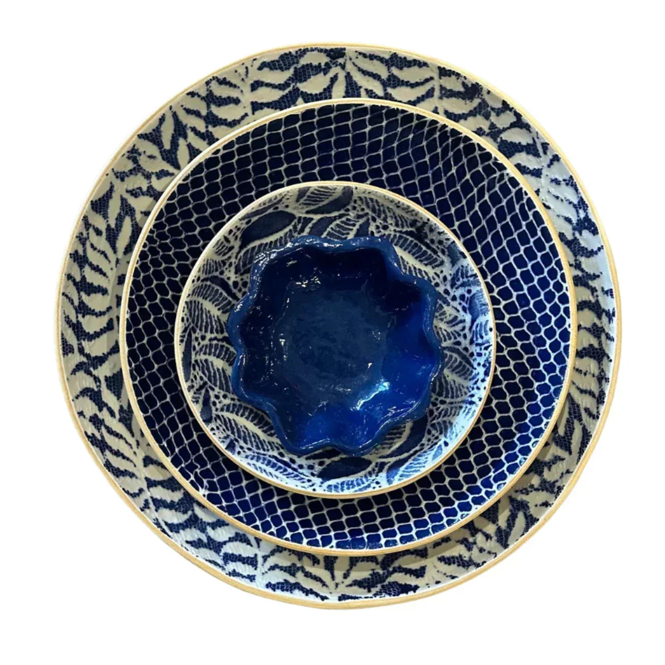 Set of blue ceramic bowls with intricate patterns