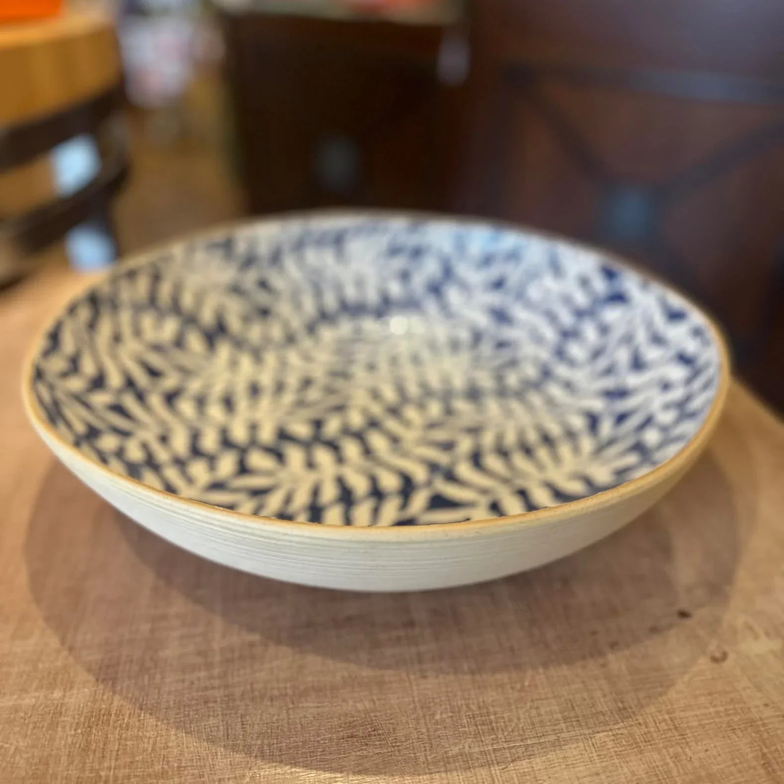 shallow serving bowl cobalt blue glaze fern pattern
