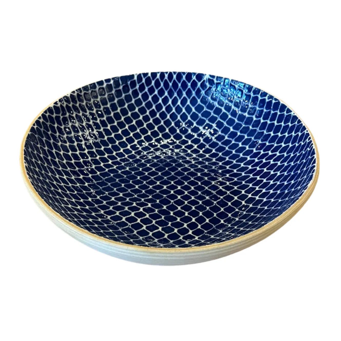ceramic serving bowl fish scale pattern cobalt blue glaze