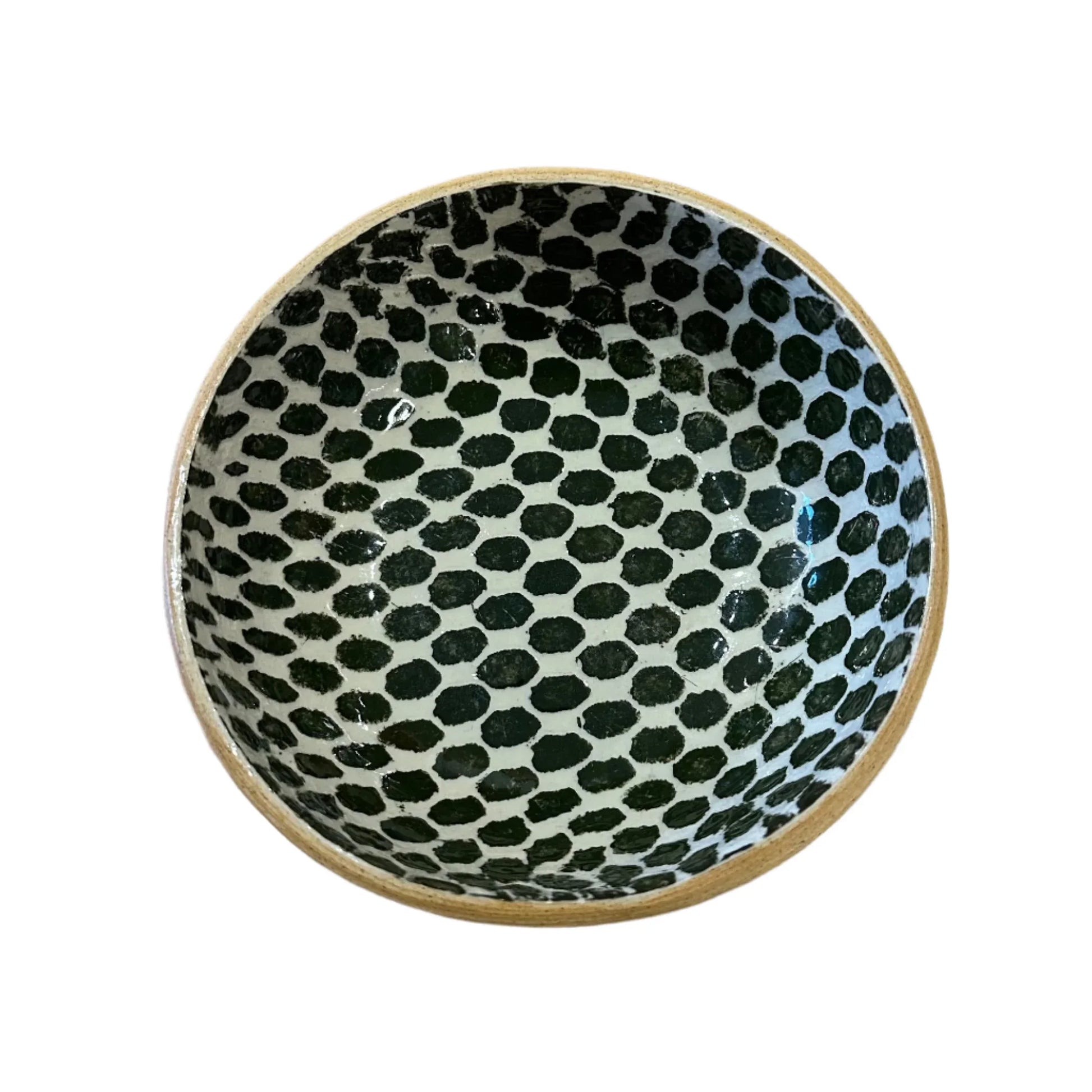 Ceramic bowl with dark green geometric pattern
