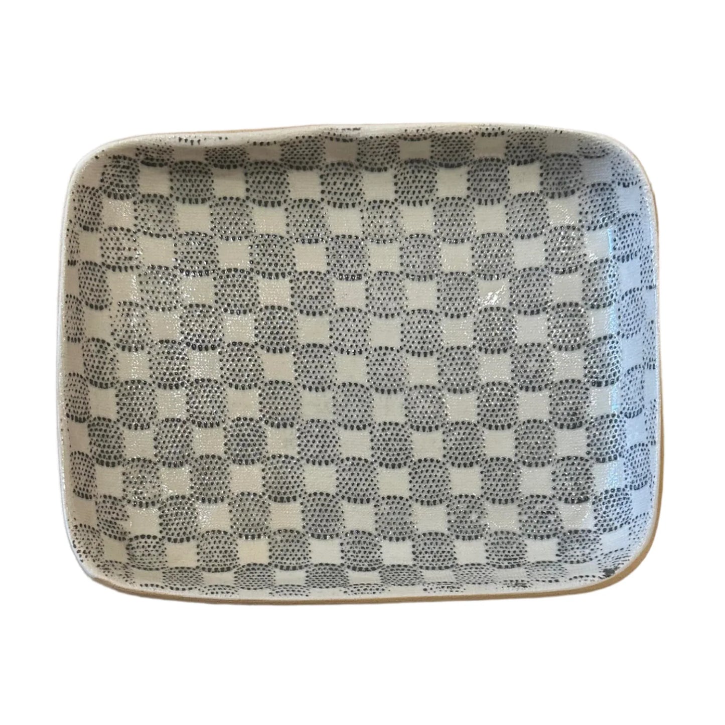 Rectangular ceramic tray with a checkered pattern