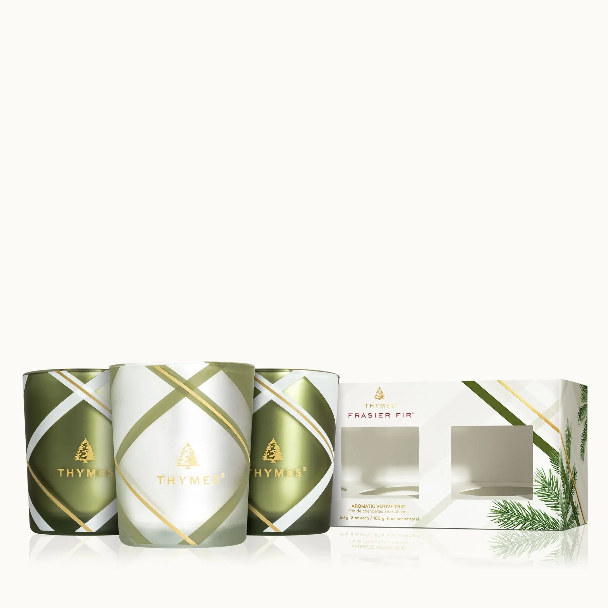Thymes Frasier Fir Frosted Plaid Votive Trio - Marcel’s Culinary Experience