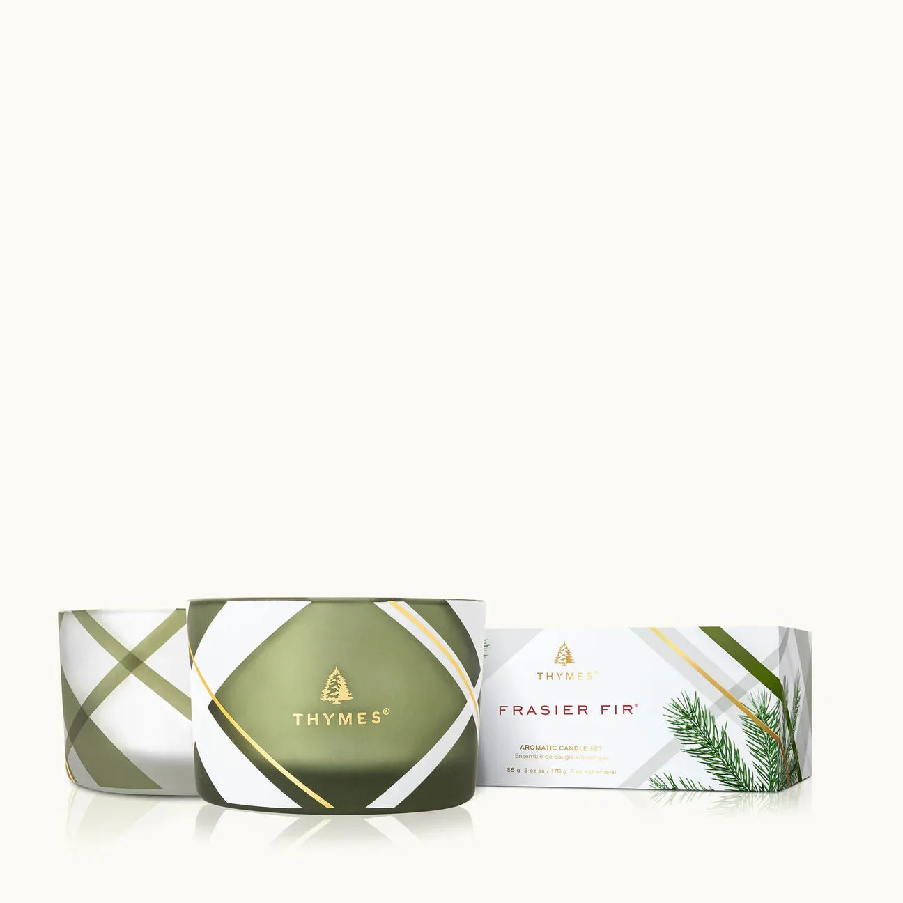 Thymes Frasier Fir frosted plaid scented candle set with green and white decorative jars and box