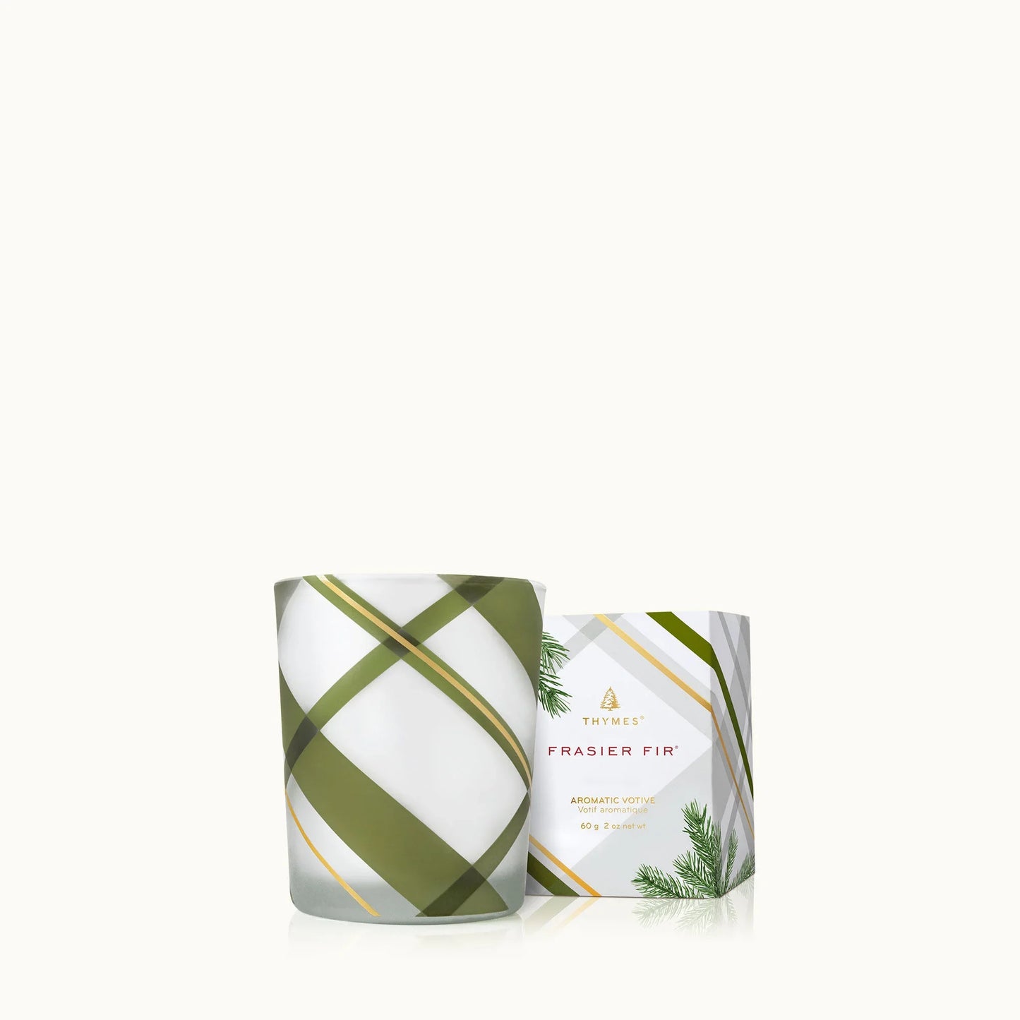 Thymes Frasier Fir Frosted Plaid Votive Candle 2oz - Marcel’s Culinary Experience