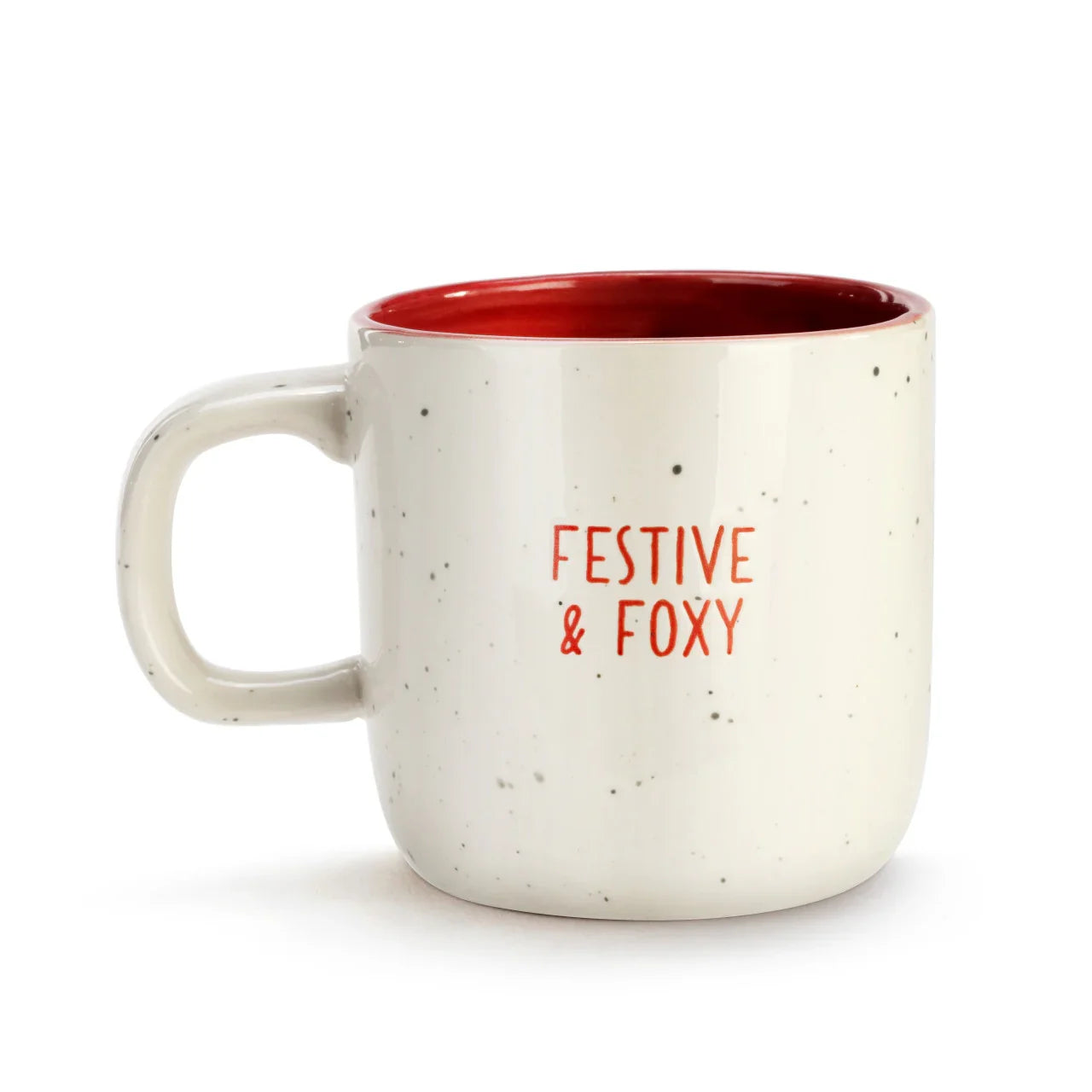 White ceramic mug with black speckles and red interior, text 'Festive & Foxy' on side