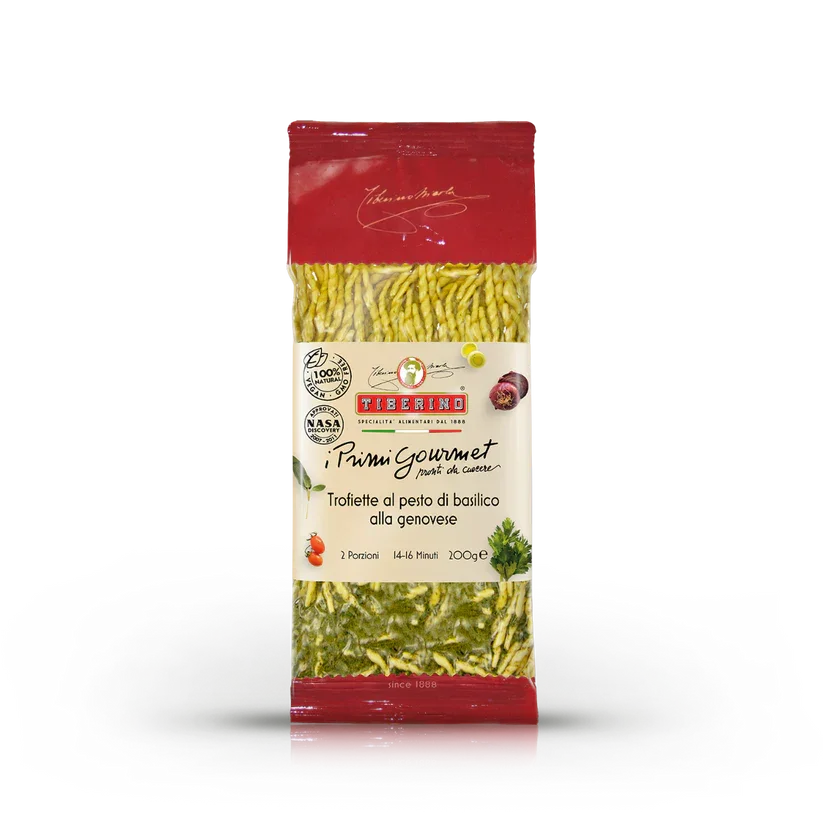 Package of Tiberino Trofiette al pesto di basilico alla genovese pasta with basil pesto sauce