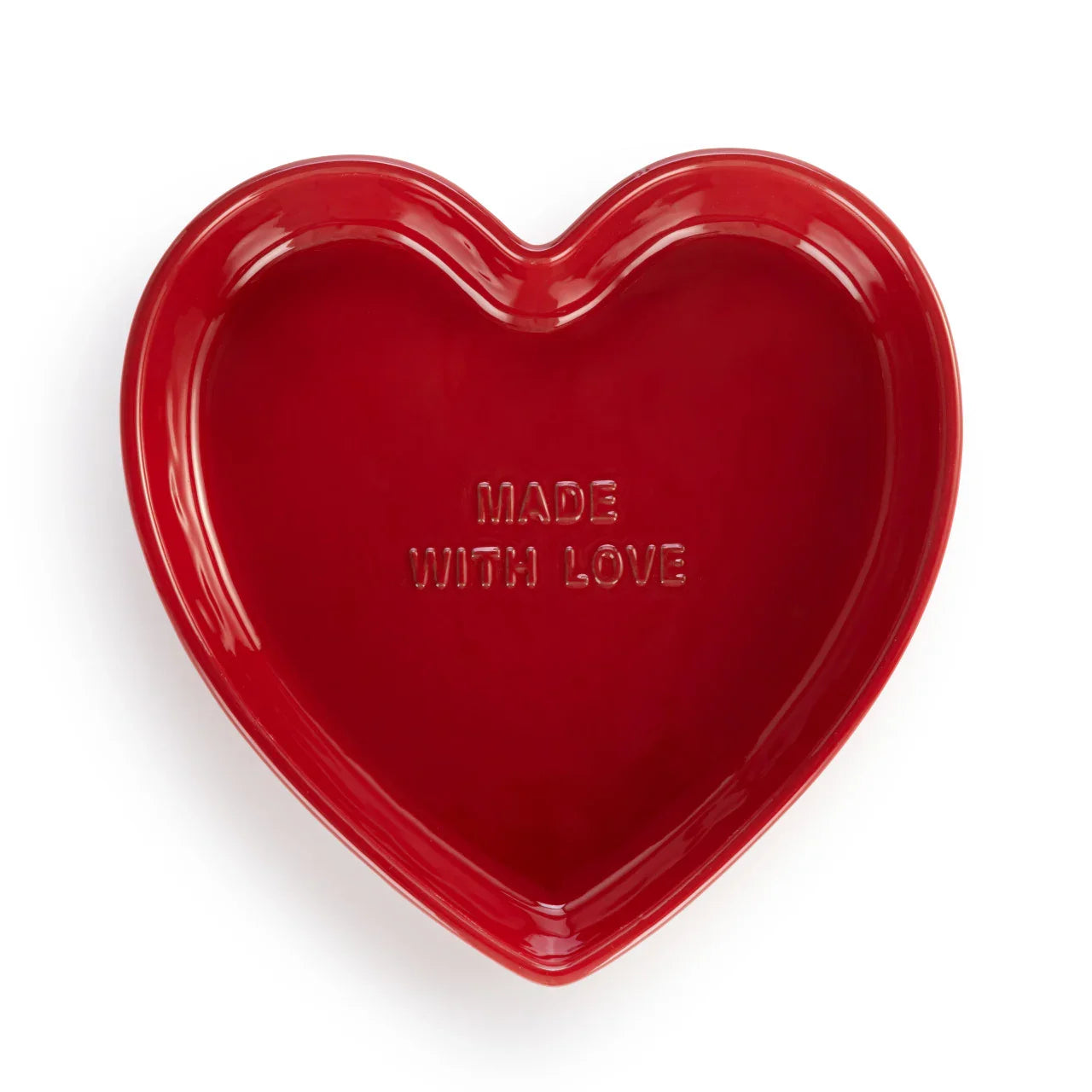 Red heart-shaped ceramic dish with 'MADE WITH LOVE' embossed inside