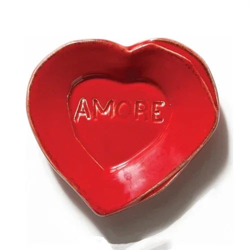 Red heart-shaped ceramic mini plate with embossed word AMORE in center