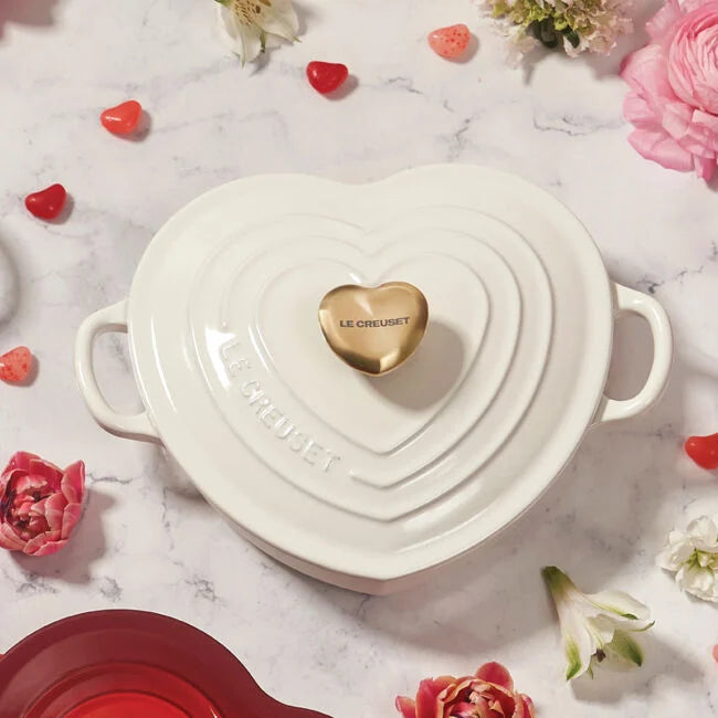 Le Creuset Shallow Heart Cocotte with Light Gold Heart Knob - White