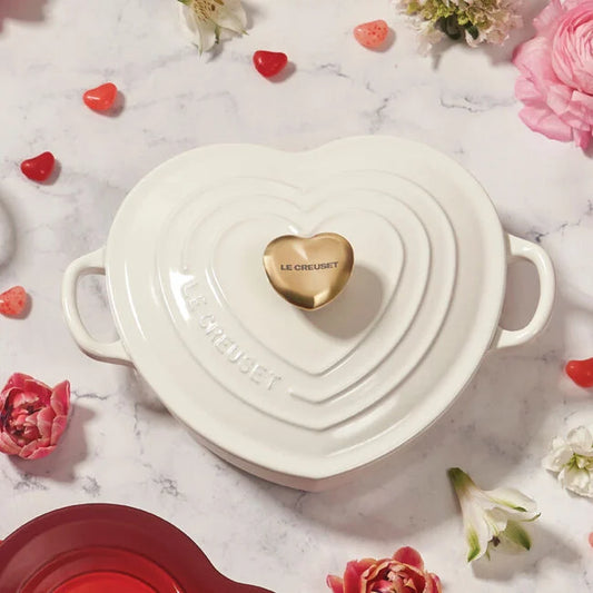 Le Creuset Shallow Heart Cocotte with Light Gold Heart Knob - White