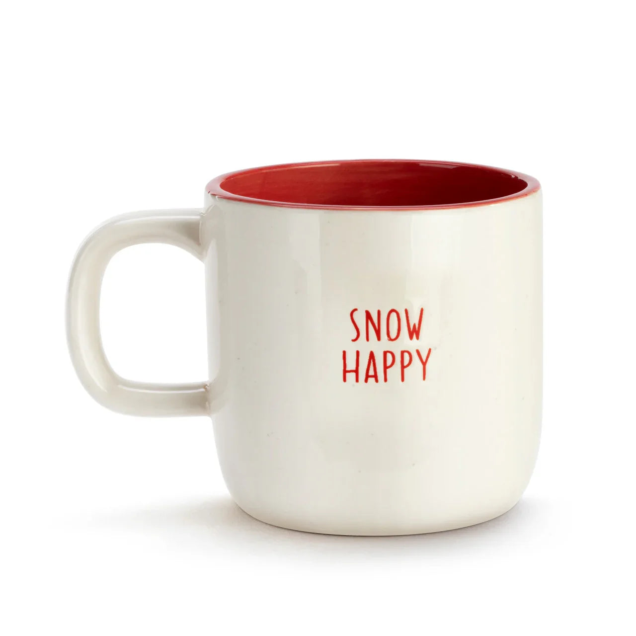 White ceramic mug with red interior and red text 'SNOW HAPPY' on front