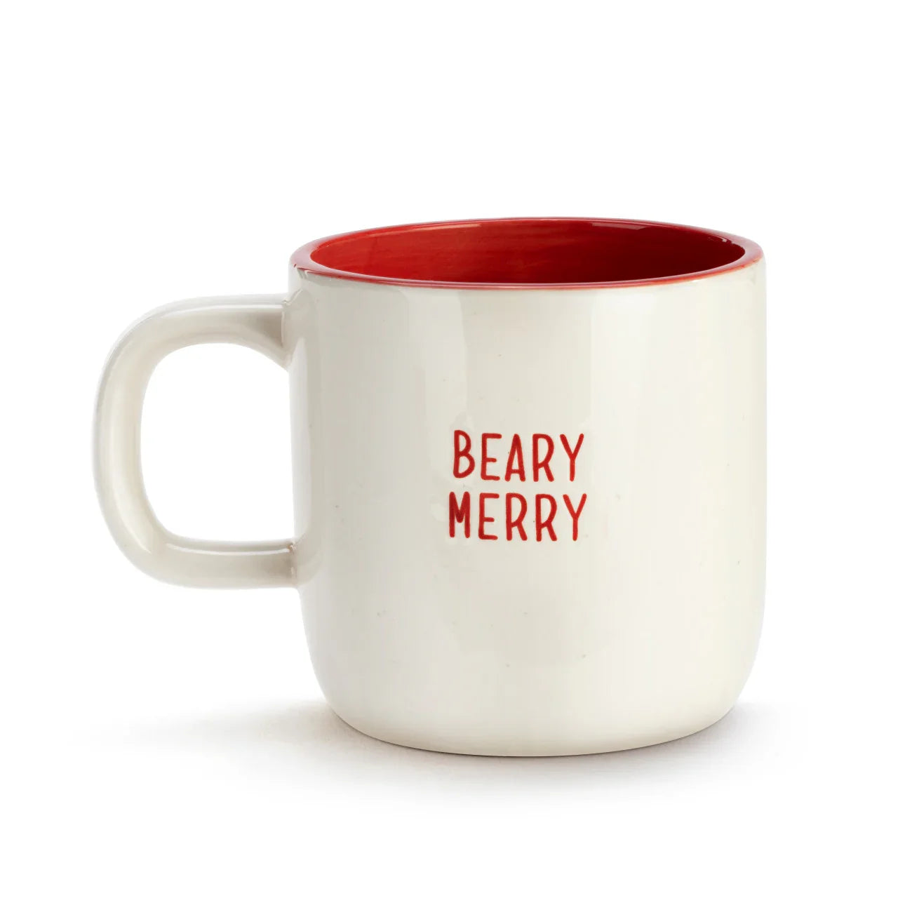 White ceramic mug with red interior and text 'BEARY MERRY' in red on front