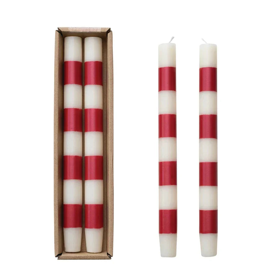 Unscented Taper Candles with Stripes in Box, Set of 2- Red - Marcel’s Culinary Experience