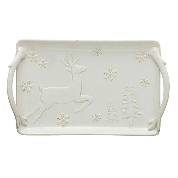Debossed Stoneware Tray with Deer, Snowflakes & Trees, Reactive Glaze
