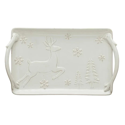Debossed Stoneware Tray with Deer, Snowflakes & Trees, Reactive Glaze