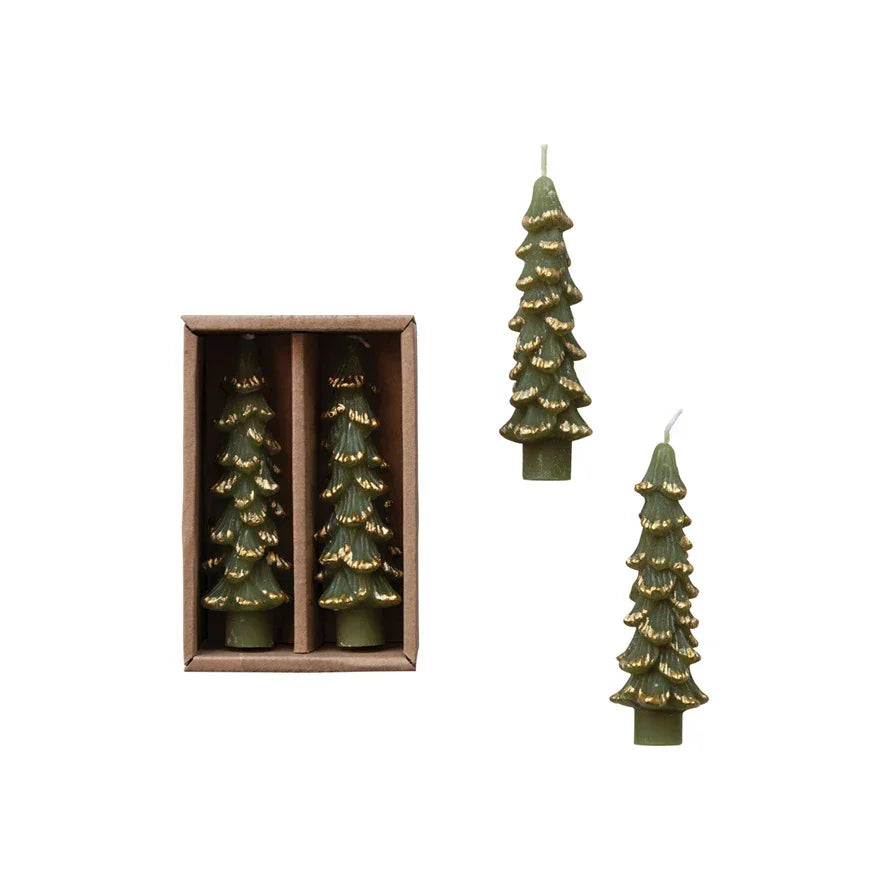 Tree Shaped Taper Candles with Gold Tips - Evergreen - Marcel’s Culinary Experience