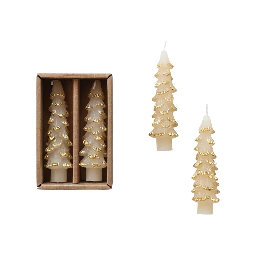 Tree Shaped Taper Candles w/ Gold Tips - Eggnog Color - Marcel’s Culinary Experience