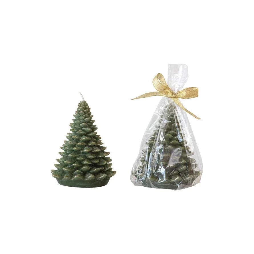 Tree Shaped Candle w/ Gold Tips, Evergreen Color - Short - Marcel’s Culinary Experience