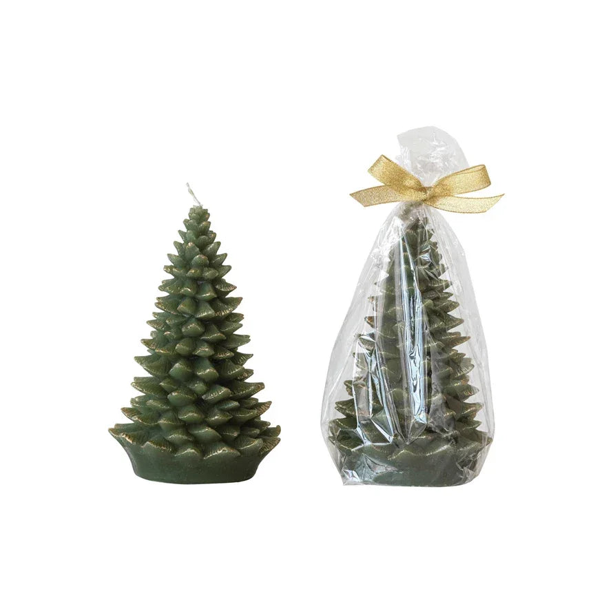 Tree Shaped Candle with Gold Tips, Evergreen Color - Tall - Marcel’s Culinary Experience