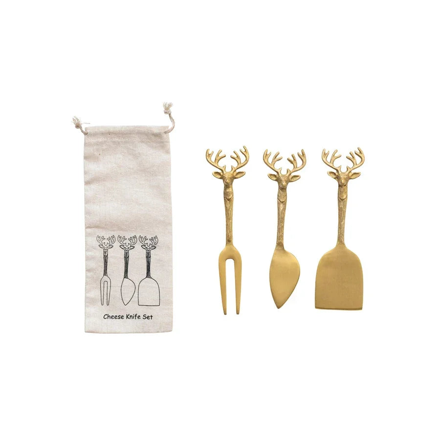 Brass Cheese Knives with Reindeer Handles, Set of 3 - Marcel’s Culinary Experience