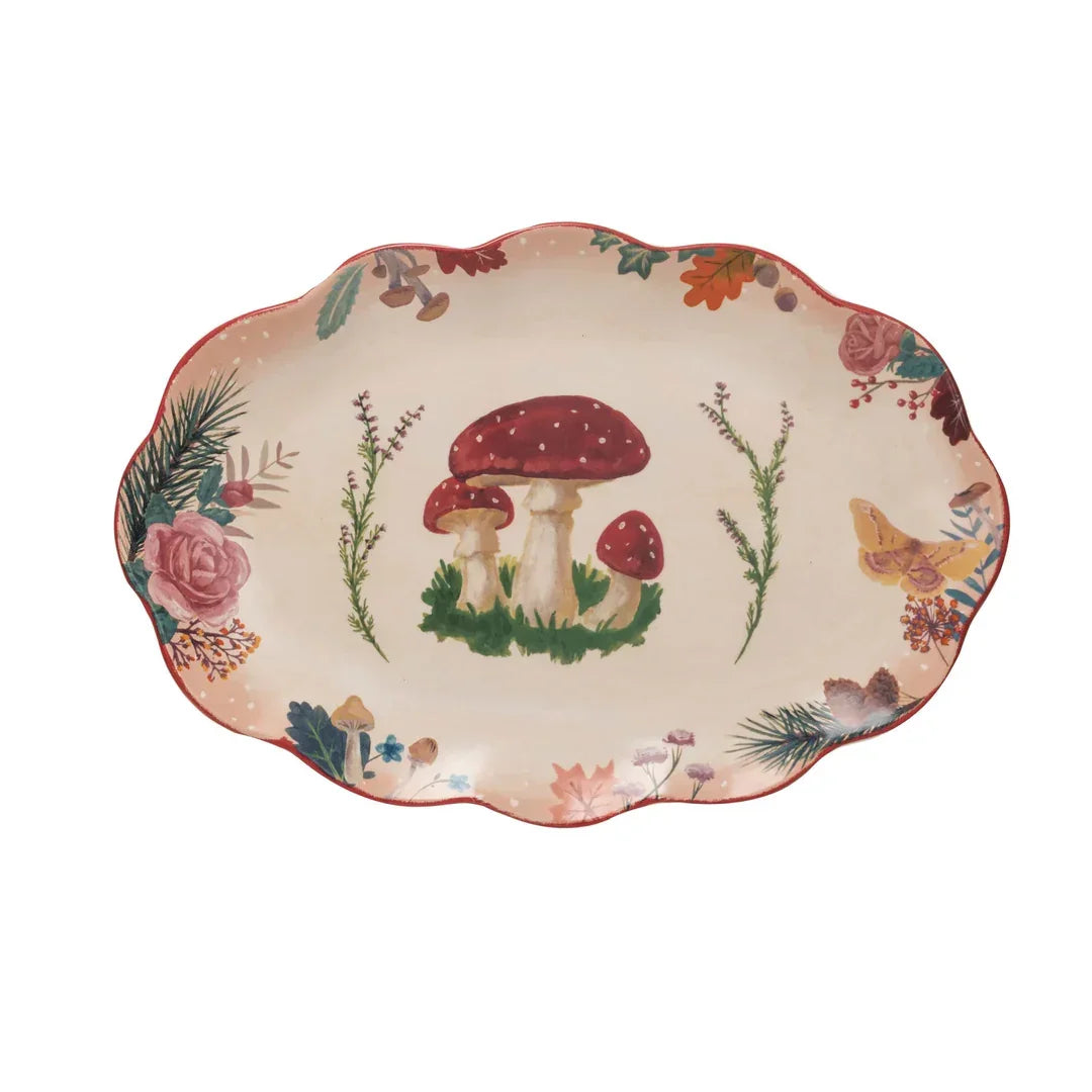 Ceramic Platter w/ Woodland Flora & Red Rim, Multi Color - Marcel’s Culinary Experience